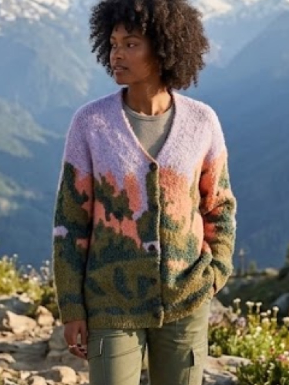 Abstract Women’s Cardigan Sweater in Moss Green, Coral & Lilac warm ptp 22